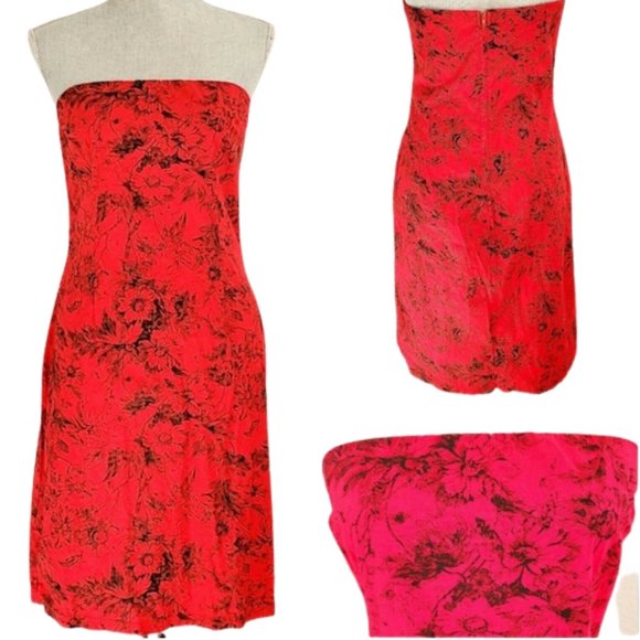 🖤VINTAGE 90s Peep Studio Rose Red Strapless Dress - Picture 6 of 9